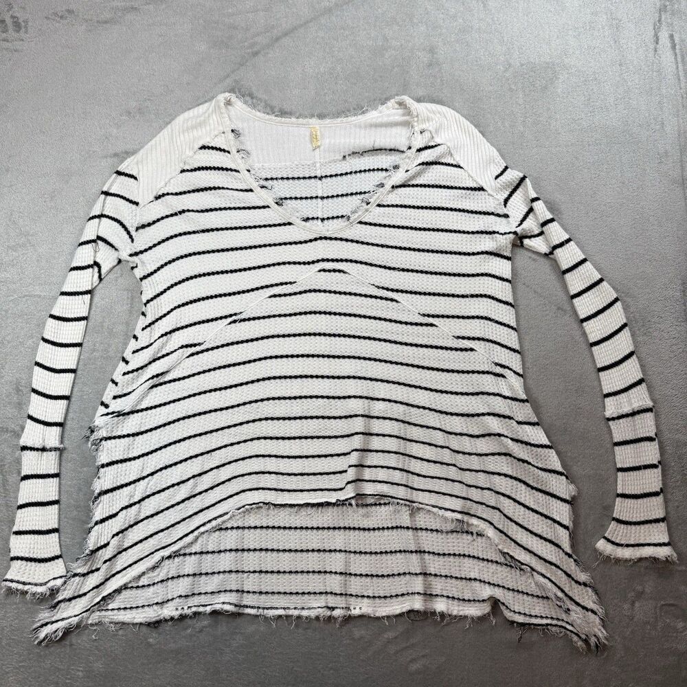 Free People Sweater Women’s Medium White Black Striped Thermal High Low Hem